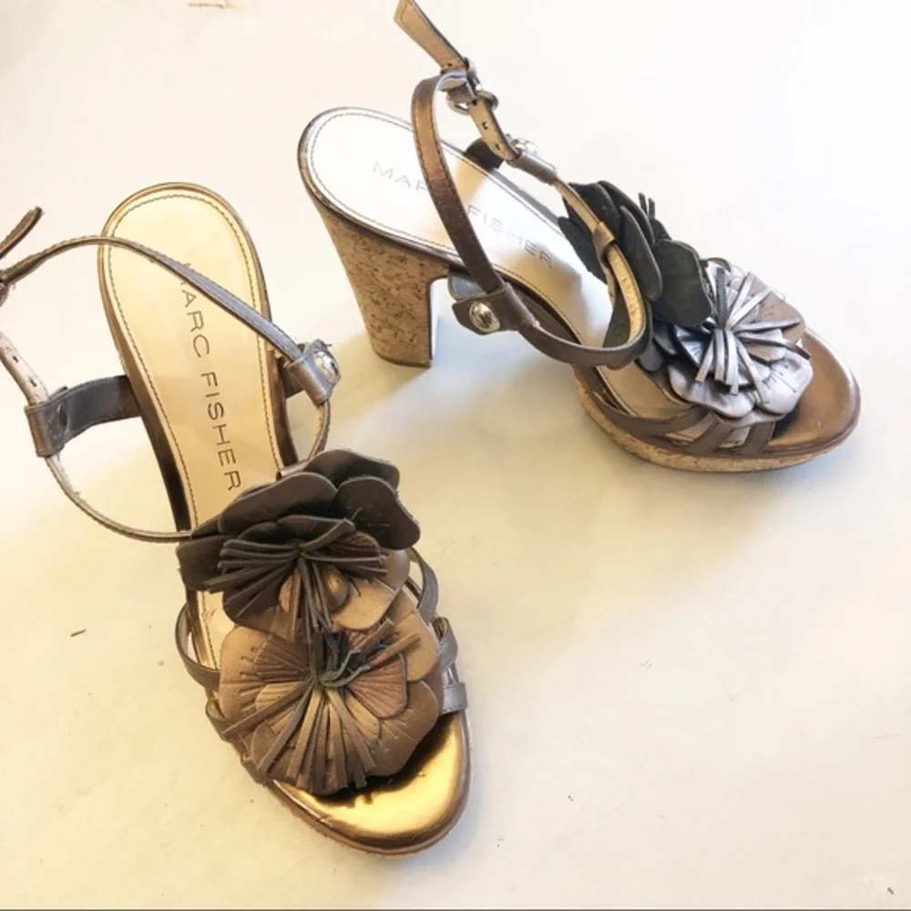 Marc Fisher‎ Bronze Floral Cork Heels